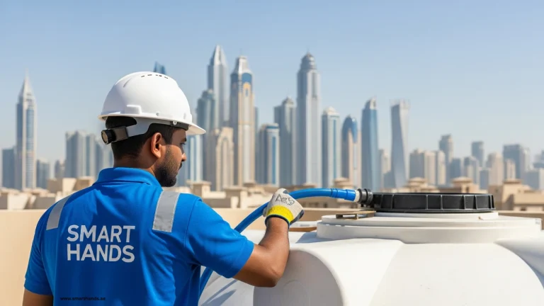 Water tank cleaning technician in Dubai checking a storage tank