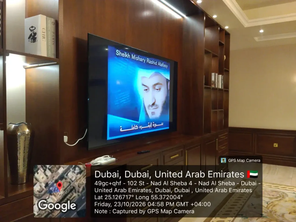 TV mounted on media wall for client in nad al sheba